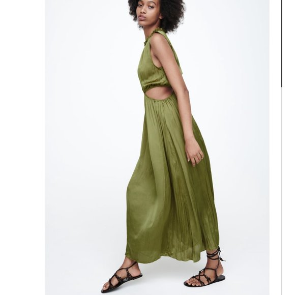 NWT ZARA WRINKLE EFFECT CUT OUT DRESS OLIVE GREEN - Picture 3 of 8